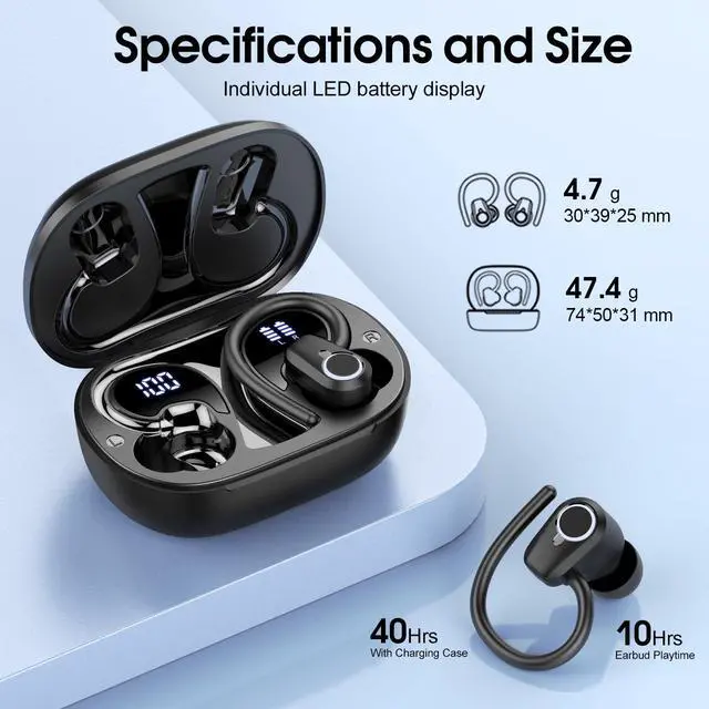 Alt view image 6 of 7 - Wireless Earbuds, 2023 Bluetooth Headphones 5.3 Sport, 50H Ear buds with Earhooks, Dual LED DisplayBluetooth Earbuds, Deep Bass Stereo Noise Cancelling Headphones, IP7 Waterproof Running Earphones