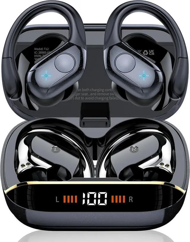 Main image of Wireless Earbuds Bluetooth 5.4 Headphones 75H Stereo Deep Bass Sports Over Ear Buds with Earhooks, LED Display Bluetooth Earbuds with 4 ENC Mic, IP7 Waterproof Earphone for Running, Black