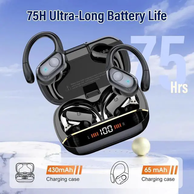 Alt view image 4 of 7 - Wireless Earbuds Bluetooth 5.4 Headphones 75H Stereo Deep Bass Sports Over Ear Buds with Earhooks, LED Display Bluetooth Earbuds with 4 ENC Mic, IP7 Waterproof Earphone for Running, Black