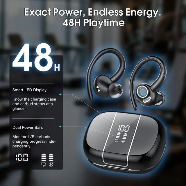 Alt view image 5 of 7 - Wireless Earbuds Bluetooth 5.3 Headphones Sports, 48H Earphone with ENC Mic, Stereo Deep Bass Bluetooth Earbuds with Secure Earhooks, LED Display, IPX7 Waterproof Over Ear Buds for Running/Gym/Workout