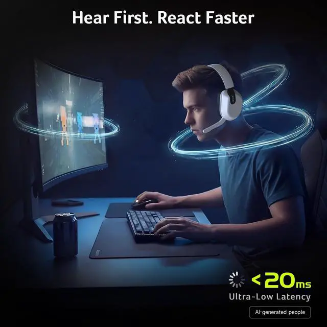 Alt view image 4 of 7 - Wireless Gaming Headset for PS5, PS4, PC, Switch, 2.4GHz & Bluetooth 6.0 Gaming Headphone with Flip-to-Mute Mic, Lightweight Glasses-Friendly, 70H Battery - White