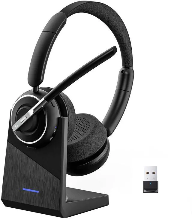 Main image of Upgraded Wireless Headset with Mic for Work, Bluetooth Headset with Noise Canceling Microphone with Dongle, Charging Base & Mic Mute, Wireless Headphones for Work from Home/PC/Computer