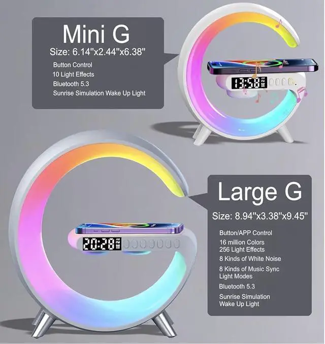 Alt view image 2 of 5 - Treligate LED Table Lamp with Wireless Charger, Mini G Atmosphere Lamp with Bluetooth Speaker, Night Light Lamp Sunrise Alarm Clock, Smart Light Sound Machine, (White)