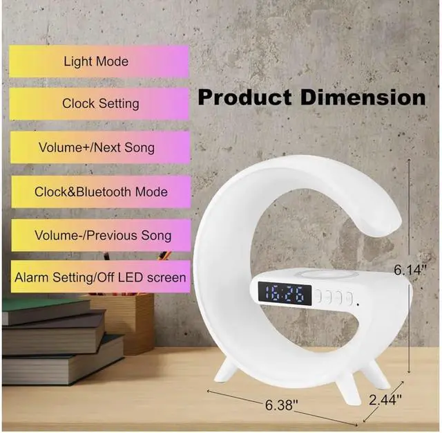 Alt view image 3 of 5 - Treligate LED Table Lamp with Wireless Charger, Mini G Atmosphere Lamp with Bluetooth Speaker, Night Light Lamp Sunrise Alarm Clock, Smart Light Sound Machine, (White)