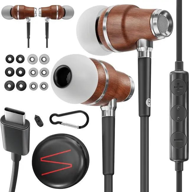 Main image of Premium Wooden iPhone Earphones Wired (USB C) Deep Bass Sound, 3D Sound, Microphone Volume Control, 90% Noise Cancelling for Type C Devices. Earphones for iPhone 15 to 17 & Android (Black)
