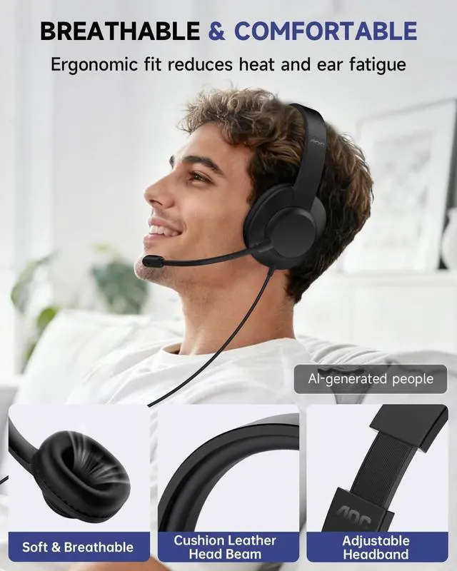 Alt view image 3 of 7 - USB Headset with Microphone for PC, Over-Ear Wired Headphones with Mic, Noise-Cancelling Boom, 40mm Audio Drivers, USB-A/C Compatibility for Office, Call Centers & Online Meetings (Black)