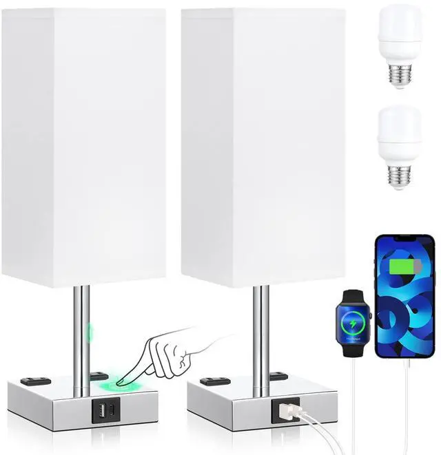 Main image of Set of 2 Touch Nightstand Lamp with USB-C+A Charge Ports& AC Outlets, 3-Way Dimmable Bedside Lamp with White Fabric Shade,Small Table Lamp for Bedroom Guest Room(Bulb Included)