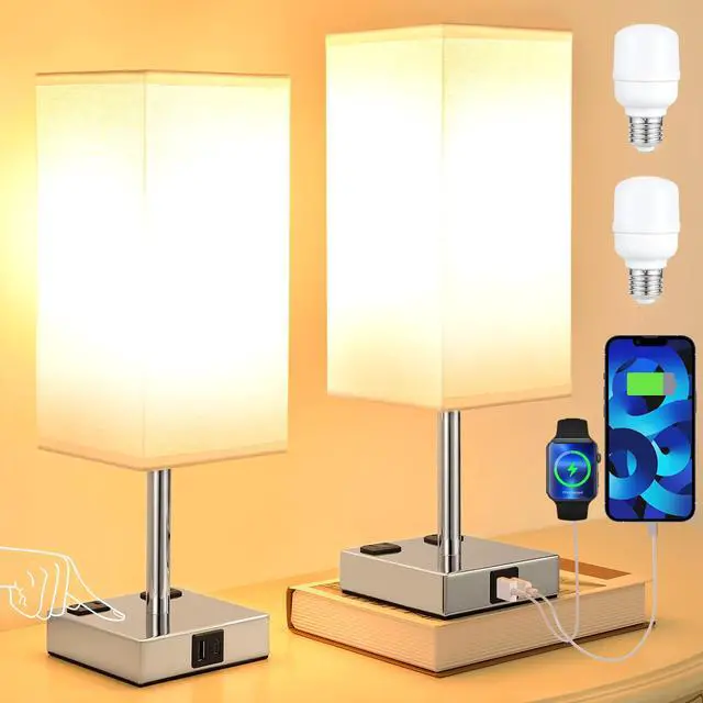 Alt view image 2 of 7 - Set of 2 Touch Nightstand Lamp with USB-C+A Charge Ports& AC Outlets, 3-Way Dimmable Bedside Lamp with White Fabric Shade,Small Table Lamp for Bedroom Guest Room(Bulb Included)