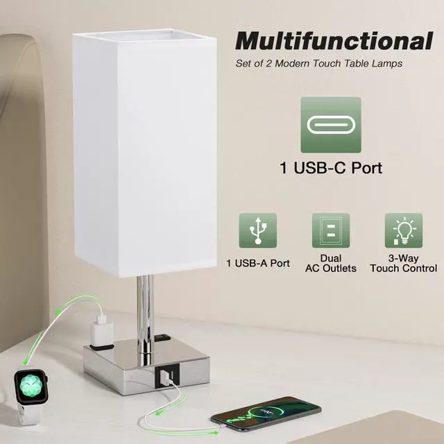 Alt view image 3 of 7 - Set of 2 Touch Nightstand Lamp with USB-C+A Charge Ports& AC Outlets, 3-Way Dimmable Bedside Lamp with White Fabric Shade,Small Table Lamp for Bedroom Guest Room(Bulb Included)
