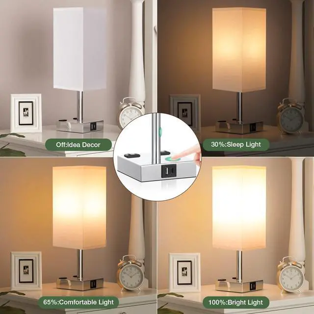 Alt view image 4 of 7 - Set of 2 Touch Nightstand Lamp with USB-C+A Charge Ports& AC Outlets, 3-Way Dimmable Bedside Lamp with White Fabric Shade,Small Table Lamp for Bedroom Guest Room(Bulb Included)