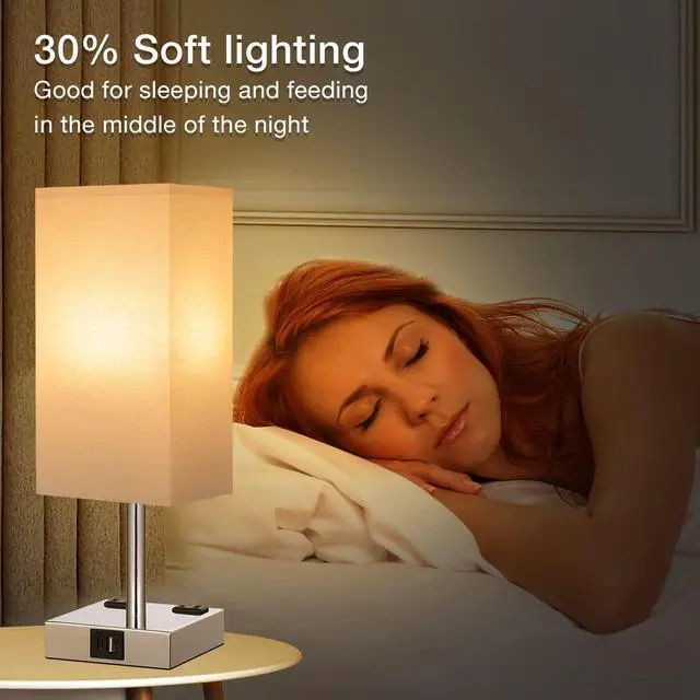 Alt view image 7 of 7 - Set of 2 Touch Nightstand Lamp with USB-C+A Charge Ports& AC Outlets, 3-Way Dimmable Bedside Lamp with White Fabric Shade,Small Table Lamp for Bedroom Guest Room(Bulb Included)