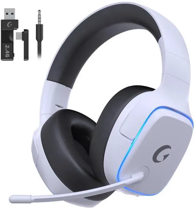 Main image of 2.4GHz Wireless Gaming Headsets for PS5, PS4, PC, Switch - Bluetooth 5.3 Gaming Headphones with Noise Canceling Mic, 7.1 Surround Sound, 70H Battery, Blue Lighting - White