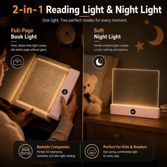 Alt view image 2 of 7 - Smart 2-in-1 LED Book Light for Night Reading Rechargeable Full-Page Reading Lamp with 3 Color Temperatures, Eye-Friendly, Portable Bookmark Light, Funny Gifts for Kids, Students&Book Lovers(Pink)