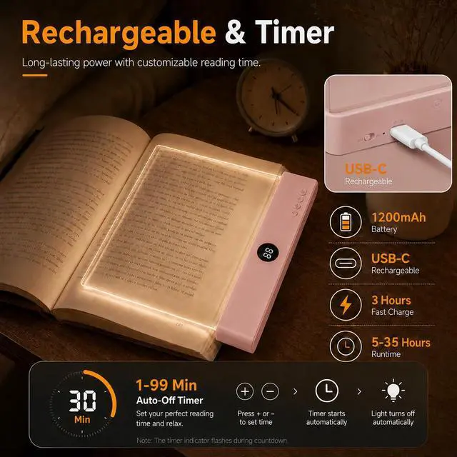 Alt view image 4 of 7 - Smart 2-in-1 LED Book Light for Night Reading Rechargeable Full-Page Reading Lamp with 3 Color Temperatures, Eye-Friendly, Portable Bookmark Light, Funny Gifts for Kids, Students&Book Lovers(Pink)
