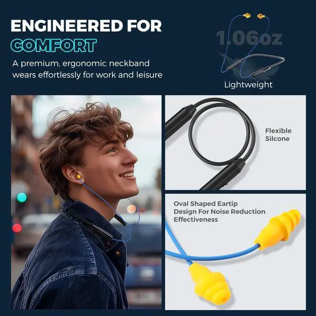 Alt view image 3 of 7 - Bluetooth Earplug Headphones, Neckband Wireless Earbuds earplugs-29db Noise Reduction isolating in-Ear earplug Earphones and Controls,IPX6 sweatproof,20+Hour Battery(Blue)