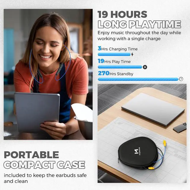 Alt view image 4 of 7 - Bluetooth Earplug Headphones, Neckband Wireless Earbuds earplugs-29db Noise Reduction isolating in-Ear earplug Earphones and Controls,IPX6 sweatproof,20+Hour Battery(Blue)