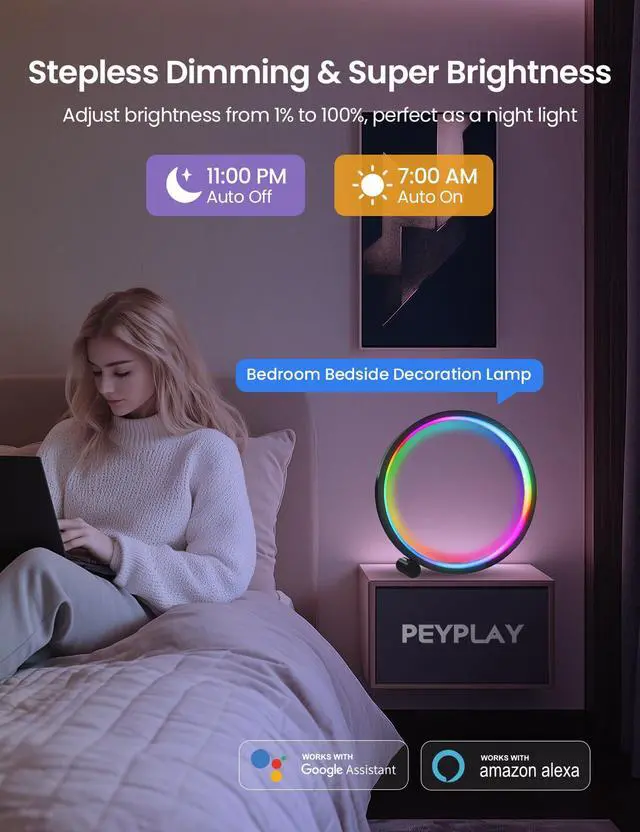 Alt view image 2 of 7 - Smart LED Table Lamp, RGB+IC Lighting, Color Changing Night Light, Music Sync, DIY Mode, Stepless Dimming, App & Voice Control (2.4GHz WiFi), Works with Alexa & Google, for Bedroom & Gaming