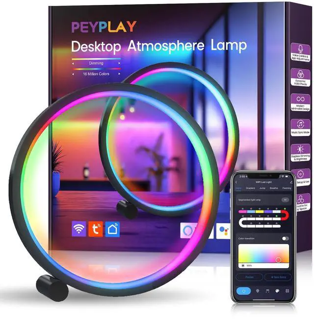 Main image of Smart LED Table Lamp, RGB+IC Lighting, Color Changing Night Light, Music Sync, DIY Mode, Stepless Dimming, App & Voice Control (2.4GHz WiFi), Works with Alexa & Google, for Bedroom & Gaming