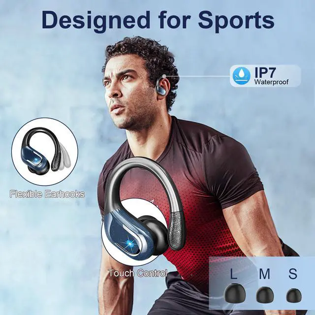 Alt view image 4 of 6 - Wireless Earbud, Bluetooth 5.4 Headphones IP7 Waterproof Sport, 75Hrs Running Wireless Earphones with ENC Noise Canceling Mic, Deep Bass Over Ear bud with Earhooks for Android, iOS, Workout, Gym, Blue