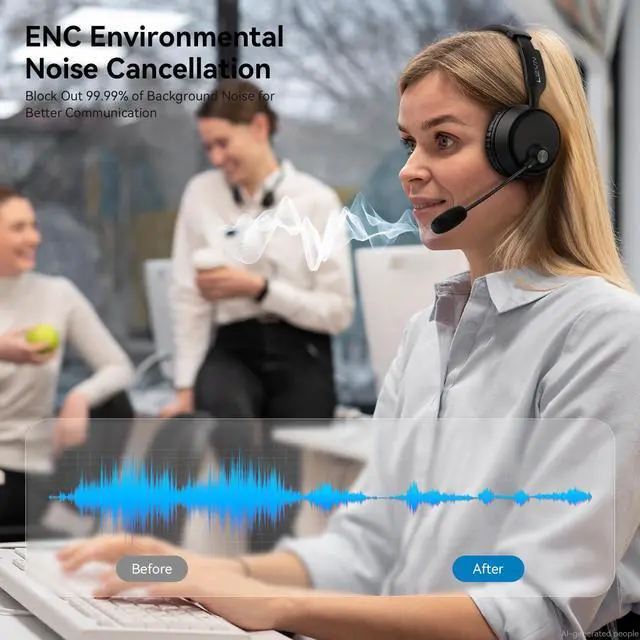 Alt view image 2 of 7 - Wireless Headset with Mic for Work, Wireless Headset with Microphone AI Noise Cancelling, Bluetooth 5.3, 60H Battery, Mute Button, Comfortable Over Ear Headphones for PC, Laptop, Call Center, Office