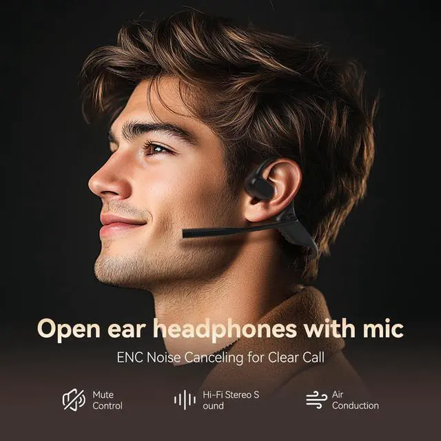 Alt view image 2 of 7 - Open Ear Headphones with Mic, Wireless Headset with AI Noise Cancellation Microphone Bluetooth 5.3 Bluetooth Headset with Mic Air Conduction Headphones for Work Call Meeting Driving