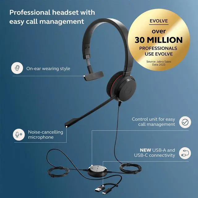 Alt view image 2 of 6 - Evolve 20 Wired Headset (2025 Edition) - Single-Ear Set for Office and Work from Home - Call Control - Certified for MS Teams - USB-C/A Connectivity - Black