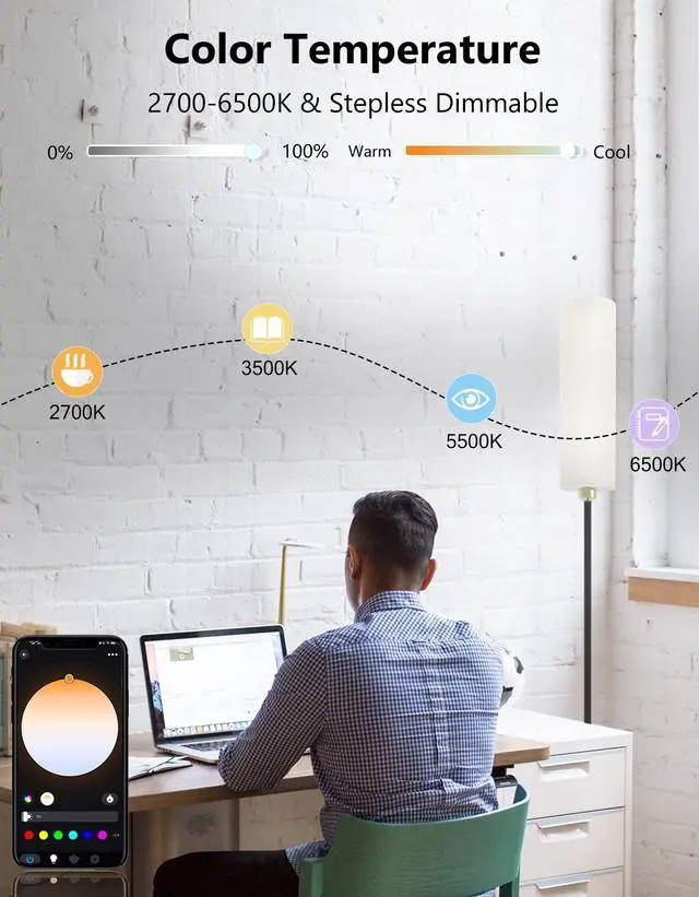 Alt view image 4 of 7 - Smart Floor Lamp Works with Alexa & Google Home, Color Changing Stepless Dimmable for Living Room, Modern Standing WiFi Lamps with Remote, Minimalist Pole Lamp Tall Lights for Bedroom, Office-Black
