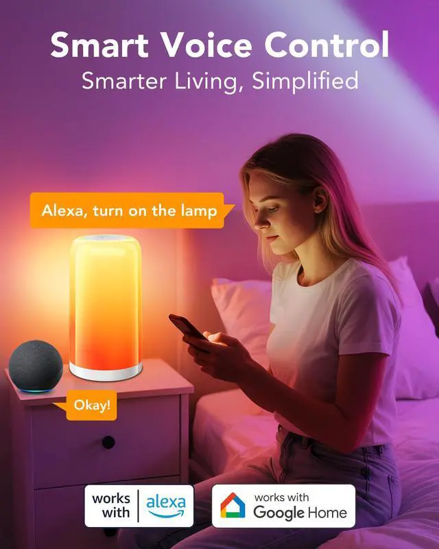 Alt view image 4 of 7 - Smart RGBCW+IC Table Lamp - Touch Control, Dimmable Night Light, Plug-in Design; Compatible with Alexa & Google Assistant. A Stylish Decorative Gift.