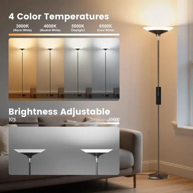 Alt view image 3 of 7 - Torchiere Floor Lamp - 72" Tall LED Standing Lamp with Remote/Button Control, 1800Lm, 3000-6500K, 30W Dimmable Modern Corner Floor Light for Living Room Bedroom Office Apartment, Black