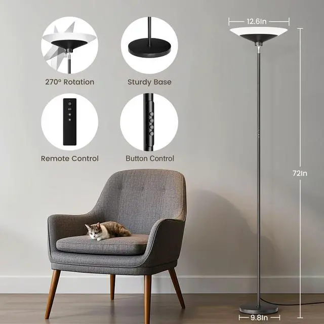 Alt view image 2 of 7 - Torchiere Floor Lamp - 72" Tall LED Standing Lamp with Remote/Button Control, 1800Lm, 3000-6500K, 30W Dimmable Modern Corner Floor Light for Living Room Bedroom Office Apartment, Black
