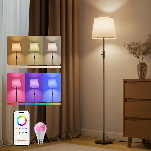 Main image of Smart LED Floor Lamp for Living Room, 62" Tall Lamp with App & Alexa Voice Control, RGB Color Changing & 2700K-6000K Tunable White, 10W 1200lm 1%-100% Dimmable, Linen Shade, No Registration
