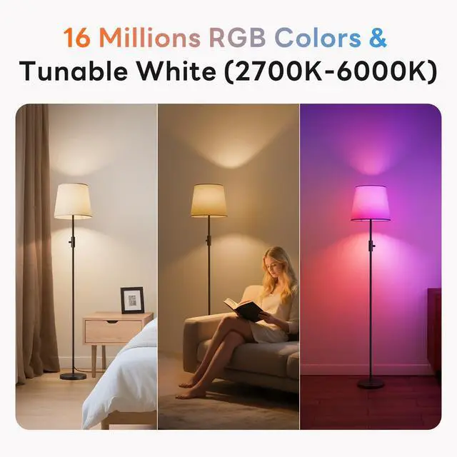 Alt view image 4 of 7 - Smart LED Floor Lamp for Living Room, 62" Tall Lamp with App & Alexa Voice Control, RGB Color Changing & 2700K-6000K Tunable White, 10W 1200lm 1%-100% Dimmable, Linen Shade, No Registration