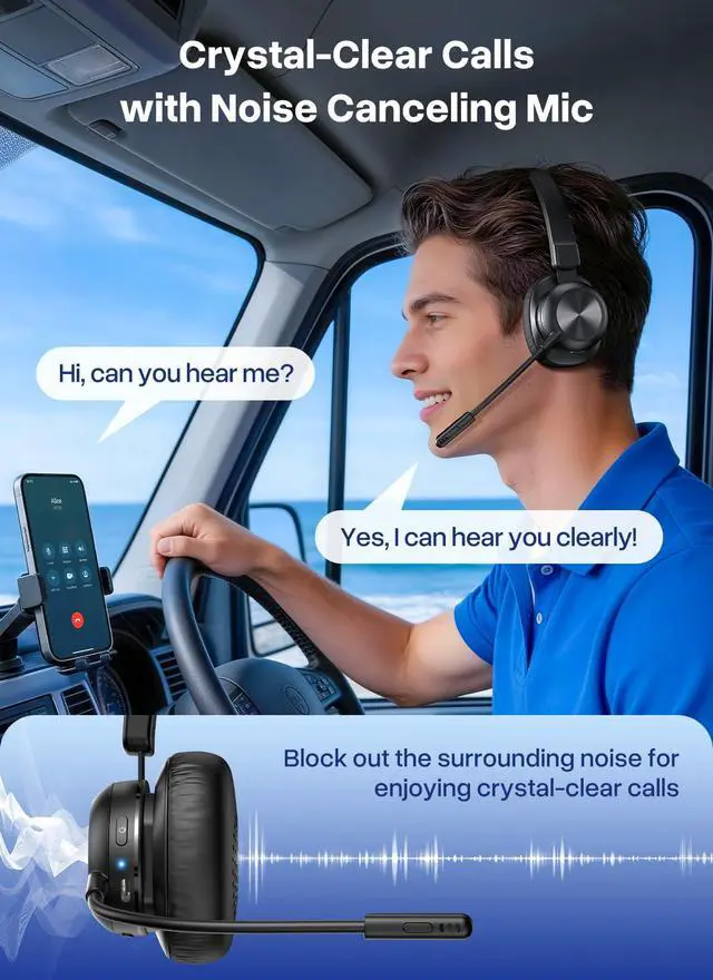 Alt view image 3 of 7 - Bluetooth Headset with USB Dongle, Trucker Bluetooth Headset with AI Noise Cancelling Microphone & Mute Button, 50Hrs Single Ear Wireless Headphones for Truck Driver Phone Computer PC Office Work