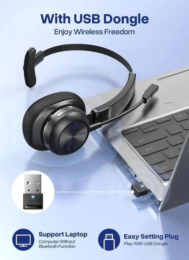 Alt view image 4 of 7 - Bluetooth Headset with USB Dongle, Trucker Bluetooth Headset with AI Noise Cancelling Microphone & Mute Button, 50Hrs Single Ear Wireless Headphones for Truck Driver Phone Computer PC Office Work