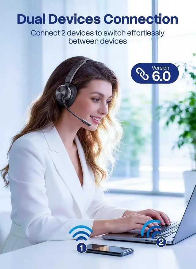 Alt view image 5 of 7 - Bluetooth Headset with USB Dongle, Trucker Bluetooth Headset with AI Noise Cancelling Microphone & Mute Button, 50Hrs Single Ear Wireless Headphones for Truck Driver Phone Computer PC Office Work
