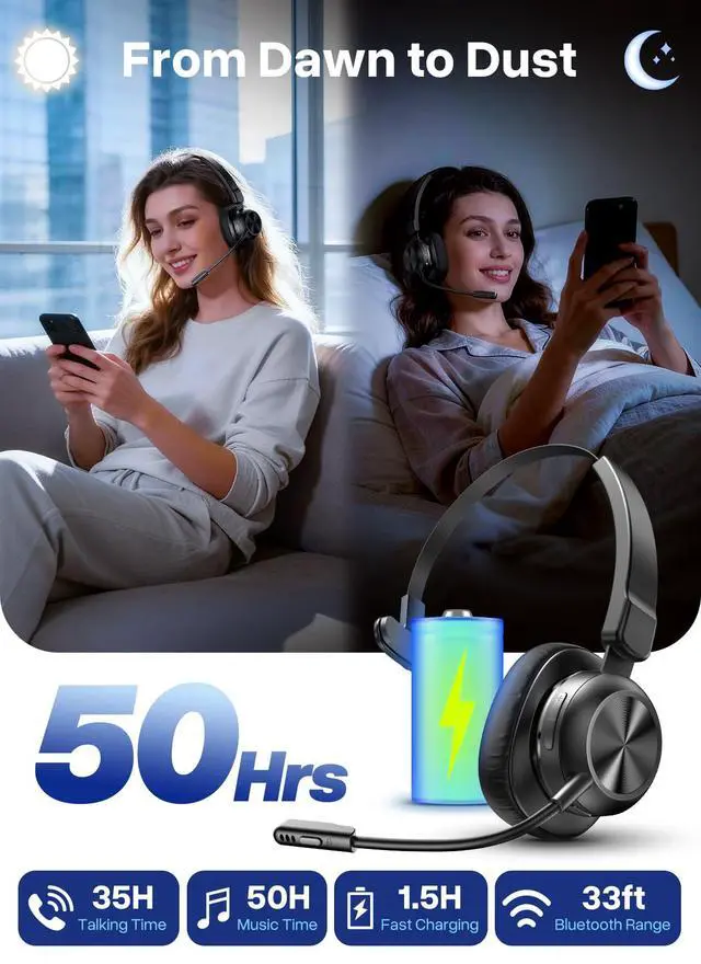 Alt view image 6 of 7 - Bluetooth Headset with USB Dongle, Trucker Bluetooth Headset with AI Noise Cancelling Microphone & Mute Button, 50Hrs Single Ear Wireless Headphones for Truck Driver Phone Computer PC Office Work