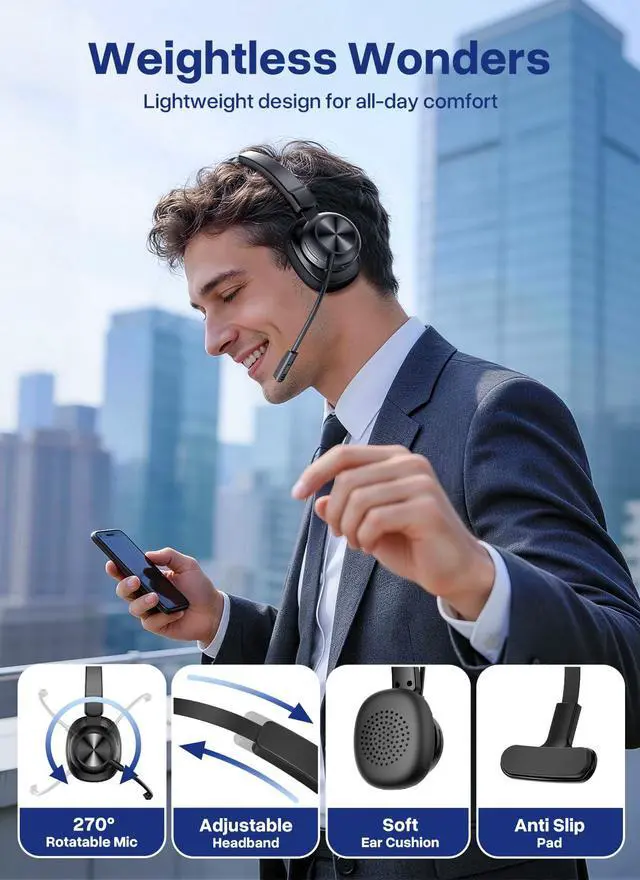 Alt view image 7 of 7 - Bluetooth Headset with USB Dongle, Trucker Bluetooth Headset with AI Noise Cancelling Microphone & Mute Button, 50Hrs Single Ear Wireless Headphones for Truck Driver Phone Computer PC Office Work