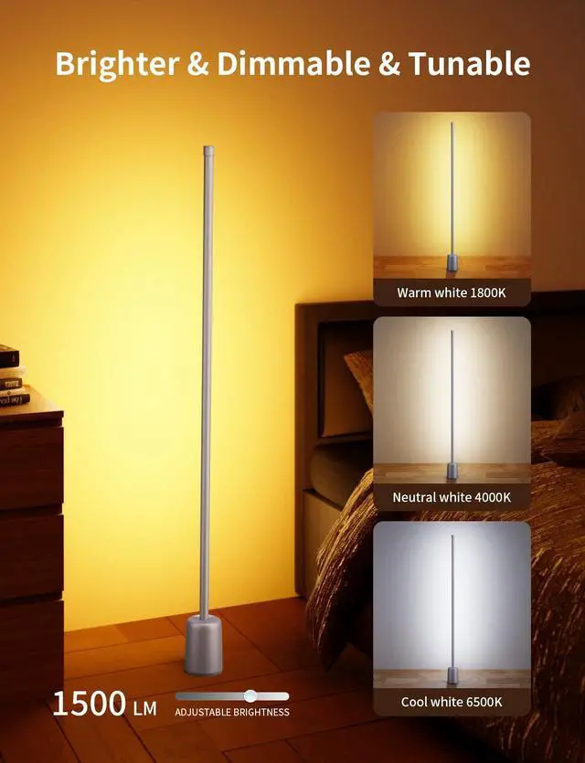 Alt view image 3 of 7 - Corner Floor Lamp, 1500lm RGBW Corner Lamp Work with Alexa & Google Assistant, 16 Million DIY Colors, Sync with Music, App Control, Modern LED Floor Lamp for Living Room & Bedroom, Silver Grey