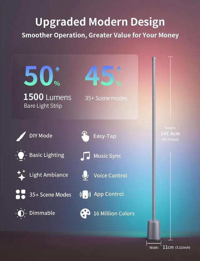 Alt view image 2 of 7 - Corner Floor Lamp, 1500lm RGBW Corner Lamp Work with Alexa & Google Assistant, 16 Million DIY Colors, Sync with Music, App Control, Modern LED Floor Lamp for Living Room & Bedroom, Silver Grey