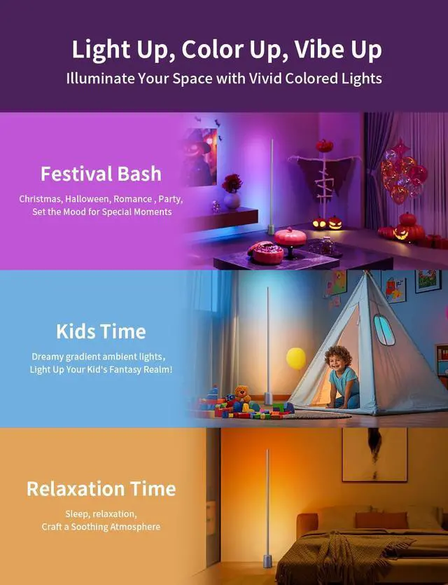 Alt view image 4 of 7 - Corner Floor Lamp, 1500lm RGBW Corner Lamp Work with Alexa & Google Assistant, 16 Million DIY Colors, Sync with Music, App Control, Modern LED Floor Lamp for Living Room & Bedroom, Silver Grey