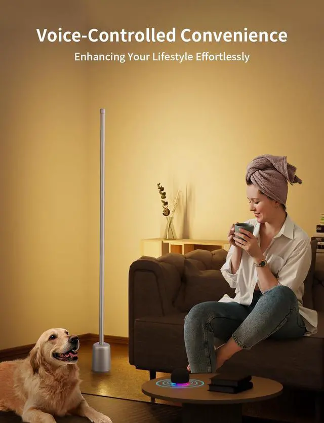 Alt view image 6 of 7 - Corner Floor Lamp, 1500lm RGBW Corner Lamp Work with Alexa & Google Assistant, 16 Million DIY Colors, Sync with Music, App Control, Modern LED Floor Lamp for Living Room & Bedroom, Silver Grey