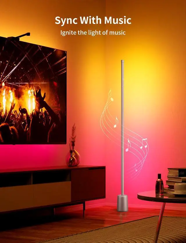 Alt view image 7 of 7 - Corner Floor Lamp, 1500lm RGBW Corner Lamp Work with Alexa & Google Assistant, 16 Million DIY Colors, Sync with Music, App Control, Modern LED Floor Lamp for Living Room & Bedroom, Silver Grey
