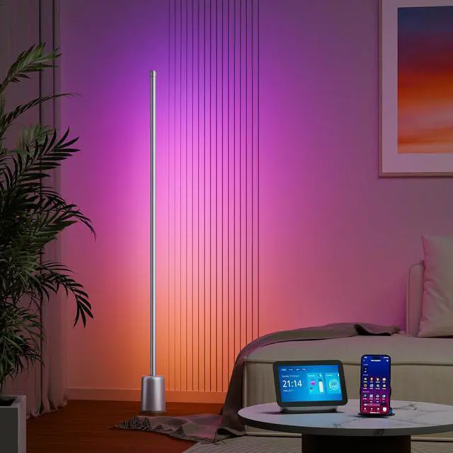 Main image of Corner Floor Lamp, 1500lm RGBW Corner Lamp Work with Alexa & Google Assistant, 16 Million DIY Colors, Sync with Music, App Control, Modern LED Floor Lamp for Living Room & Bedroom, Silver Grey