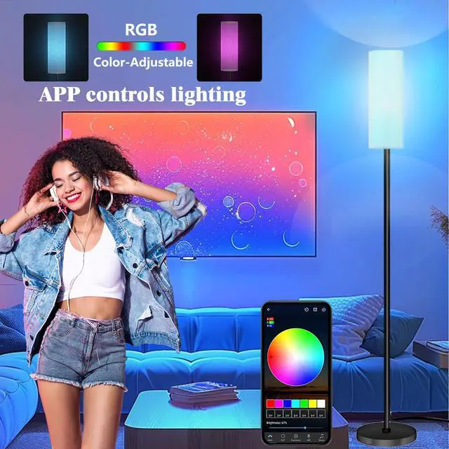 Alt view image 4 of 7 - Smart LED Floor Lamp with APP Control & RGB Colors - Dimmable Standing Lamp for Living Room, Bedroom, Gaming - Remote, Timer, 9W Bulb Included, 67" Modern Tall Lamp (black pole + white shade)