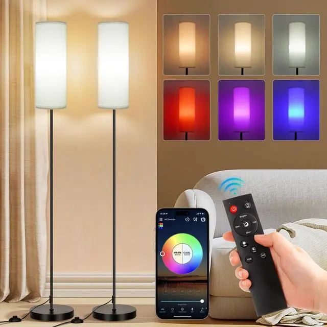 Main image of 2 Pack Floor Lamps for Living Room, Dimmable Colors Temperature & Brightness, Modern Floor Lamp with Remote, Tall Standing Lamps for Living Room Bedroom Office, White Shade 9W Smart Bulb