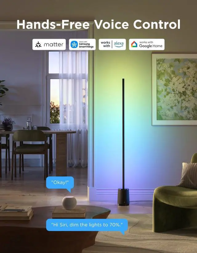 Alt view image 4 of 7 - Floor Lamp 3 Lite, Smart RGBIC LED Corner Lamp Compatible with Alexa, SmartThings, Matter, 1400lm Dimmable Color Changing Tall Standing Light with Music Sync for Living Room Bedroom Gaming Room