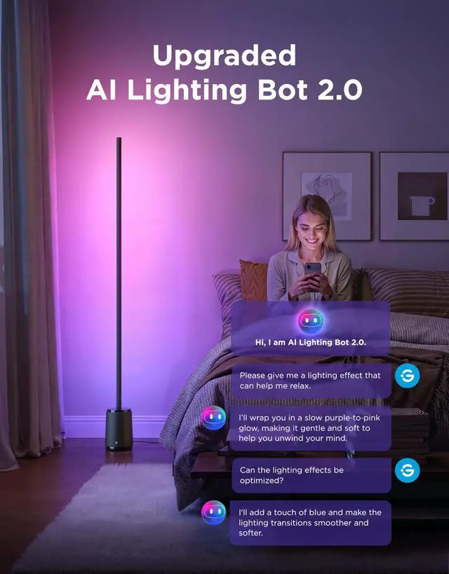 Alt view image 5 of 7 - Floor Lamp 3 Lite, Smart RGBIC LED Corner Lamp Compatible with Alexa, SmartThings, Matter, 1400lm Dimmable Color Changing Tall Standing Light with Music Sync for Living Room Bedroom Gaming Room