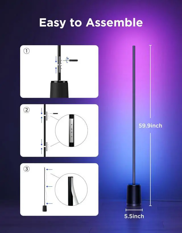 Alt view image 7 of 7 - Floor Lamp 3 Lite, Smart RGBIC LED Corner Lamp Compatible with Alexa, SmartThings, Matter, 1400lm Dimmable Color Changing Tall Standing Light with Music Sync for Living Room Bedroom Gaming Room