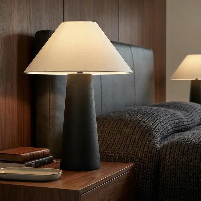 Alt view image 3 of 6 - Novogratz x 18" Ceramic Table Lamp, Matte Black, Off-White Tapered Fabric Shade, in-Line Rocker Switch, 5 Ft. Clear Cord, Home Office, Desk, Living Room