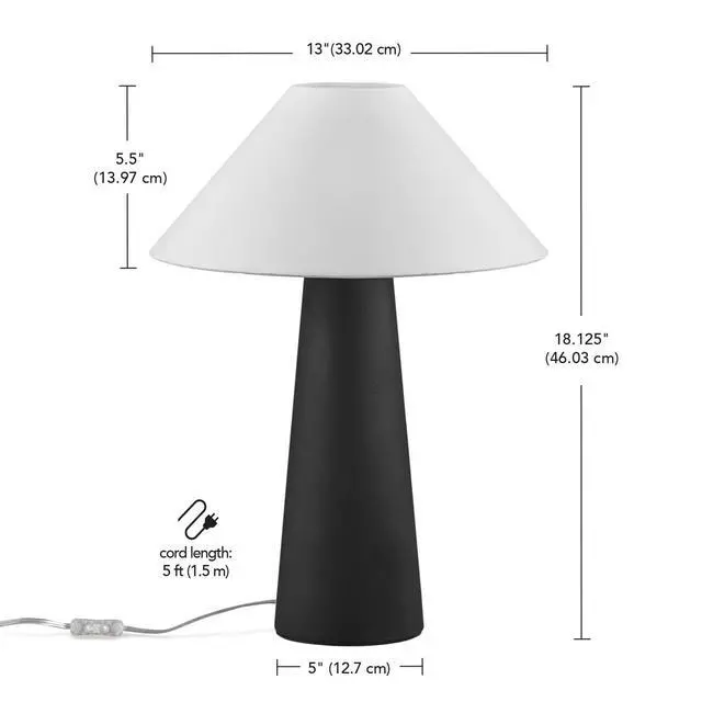 Alt view image 4 of 6 - Novogratz x 18" Ceramic Table Lamp, Matte Black, Off-White Tapered Fabric Shade, in-Line Rocker Switch, 5 Ft. Clear Cord, Home Office, Desk, Living Room